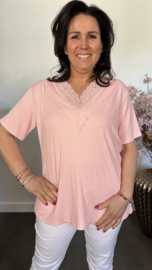 Ribbel shirt met kanten V-hals Roze