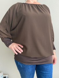 Blouse met boord lange mouw d. bruin +size