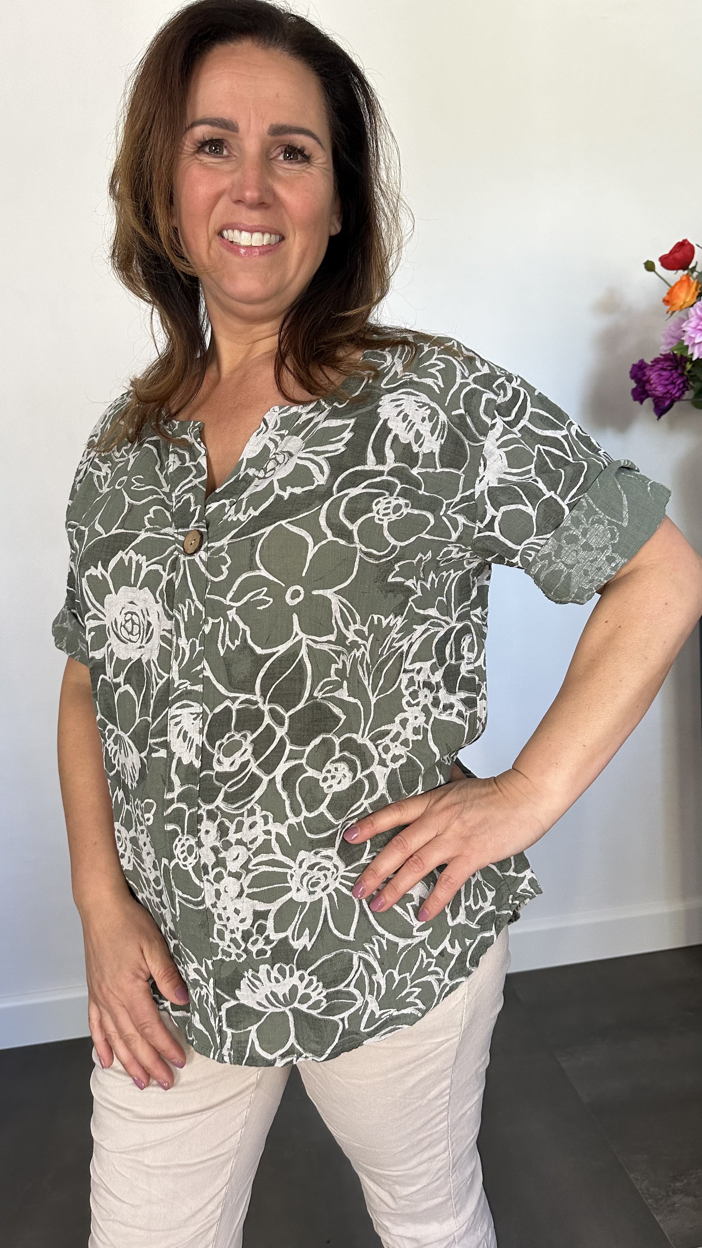 Linnenlook blouse new flower army