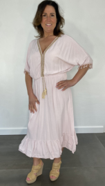 Lange jurk Roxy met strook en elastiek licht roze