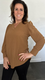 Crepe blouse met v-hals en pofmouw cognac