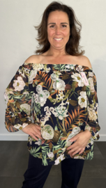 Blouse met gesmokte band palm roos marine/ ecru SALE