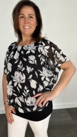 Blouse met boord roos zwart/ecru