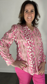 Velvet shirt met v-hals en pofmouw panter tijger fuchsia