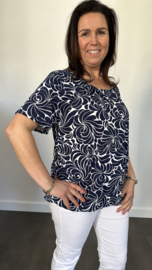 Ballon shirt met elastiek fantasy roos blauw/wit (+size)