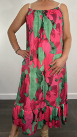 Lange jurk met gevlochten spaghettibandjes Global fuchsia/groen