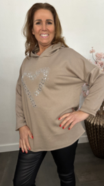 Sweater met capuchon/ glitter hart Taupe