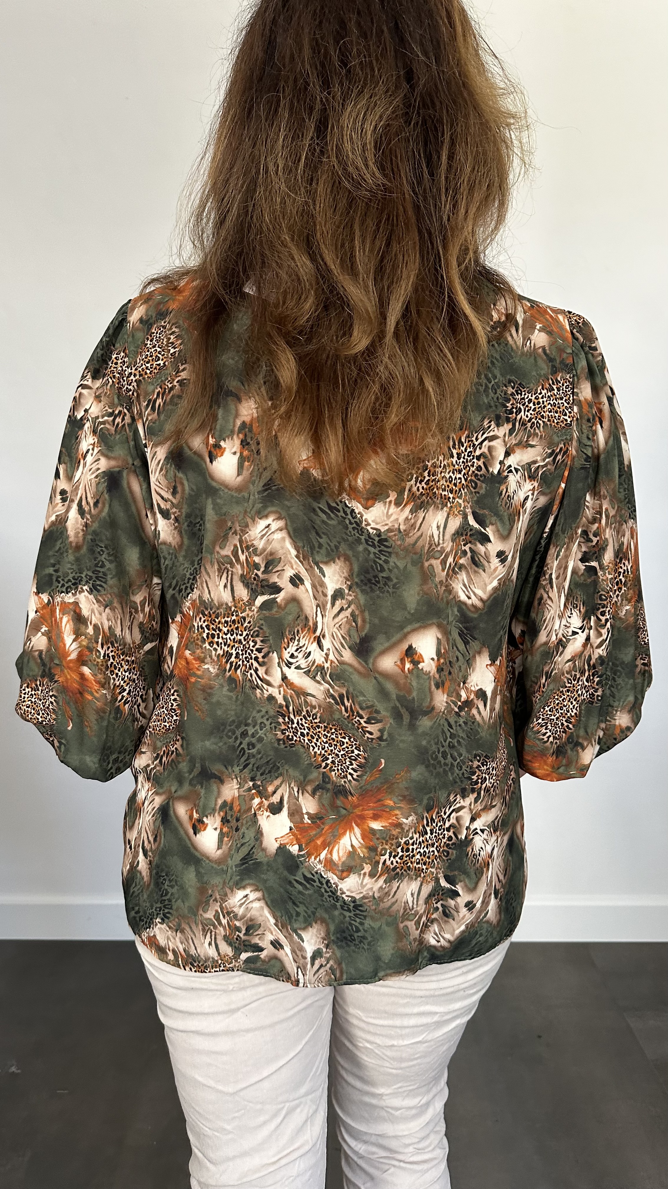 Blouse animal mix met 3/4 pofmouw army