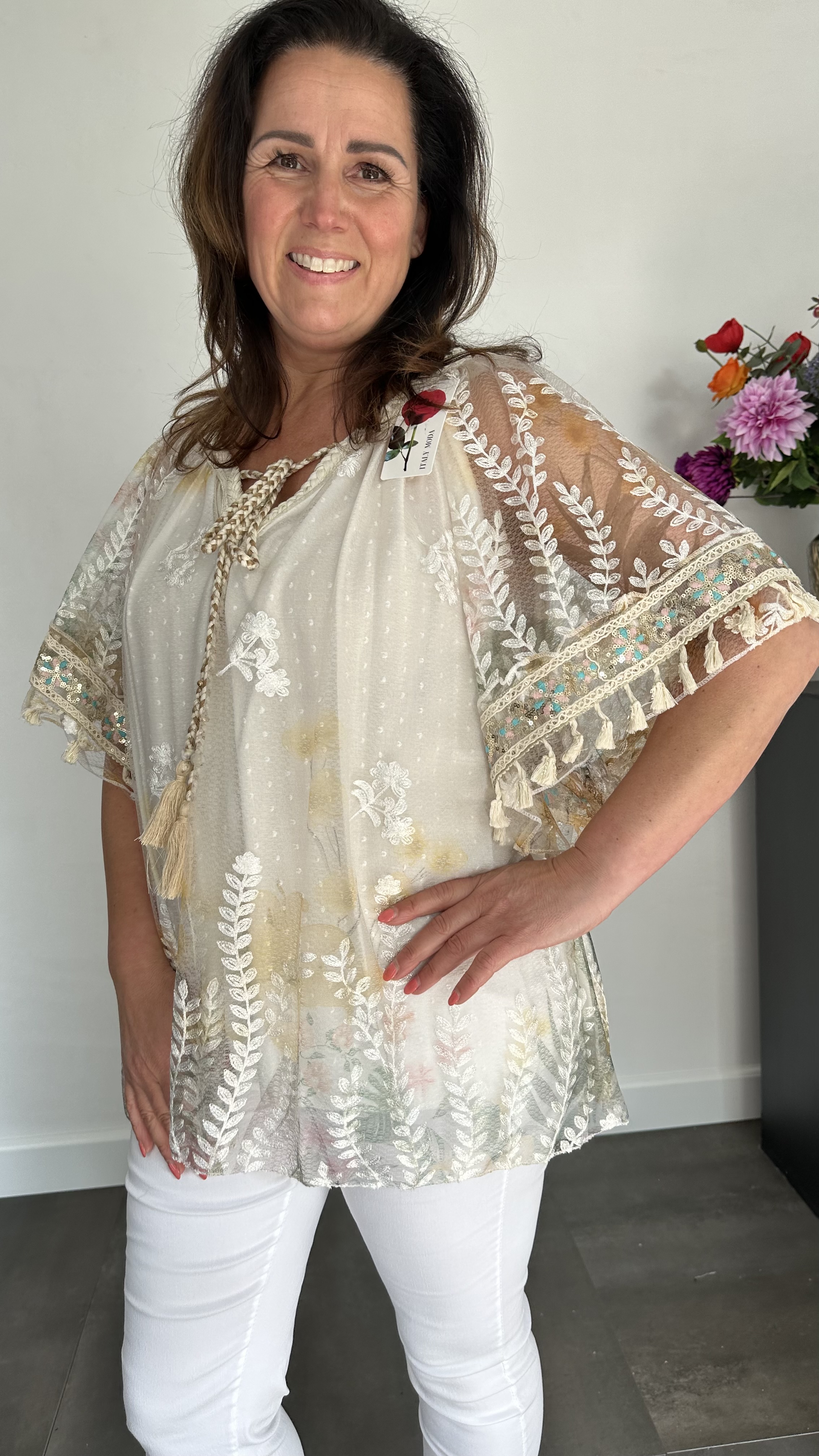 Tule blouse met bloemen print +SIZE geel