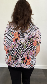 Blouse met boord bloesem & stippen roze/zwart