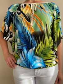 Top open schouder bloem blauw/groen SALE
