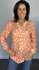 Soft shirt met v-hals en pofmouw cirkels koraal
