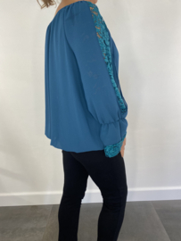 Ballon blouse met kant petrol