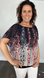 Blouse met boord RODE bloesem tak marine/ wit