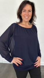 Blouse met boord lange mouw donker blauw +SIZE