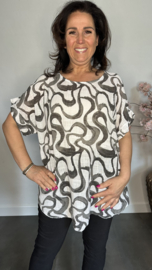 Linnenlook shirt Waves wit/ zwart