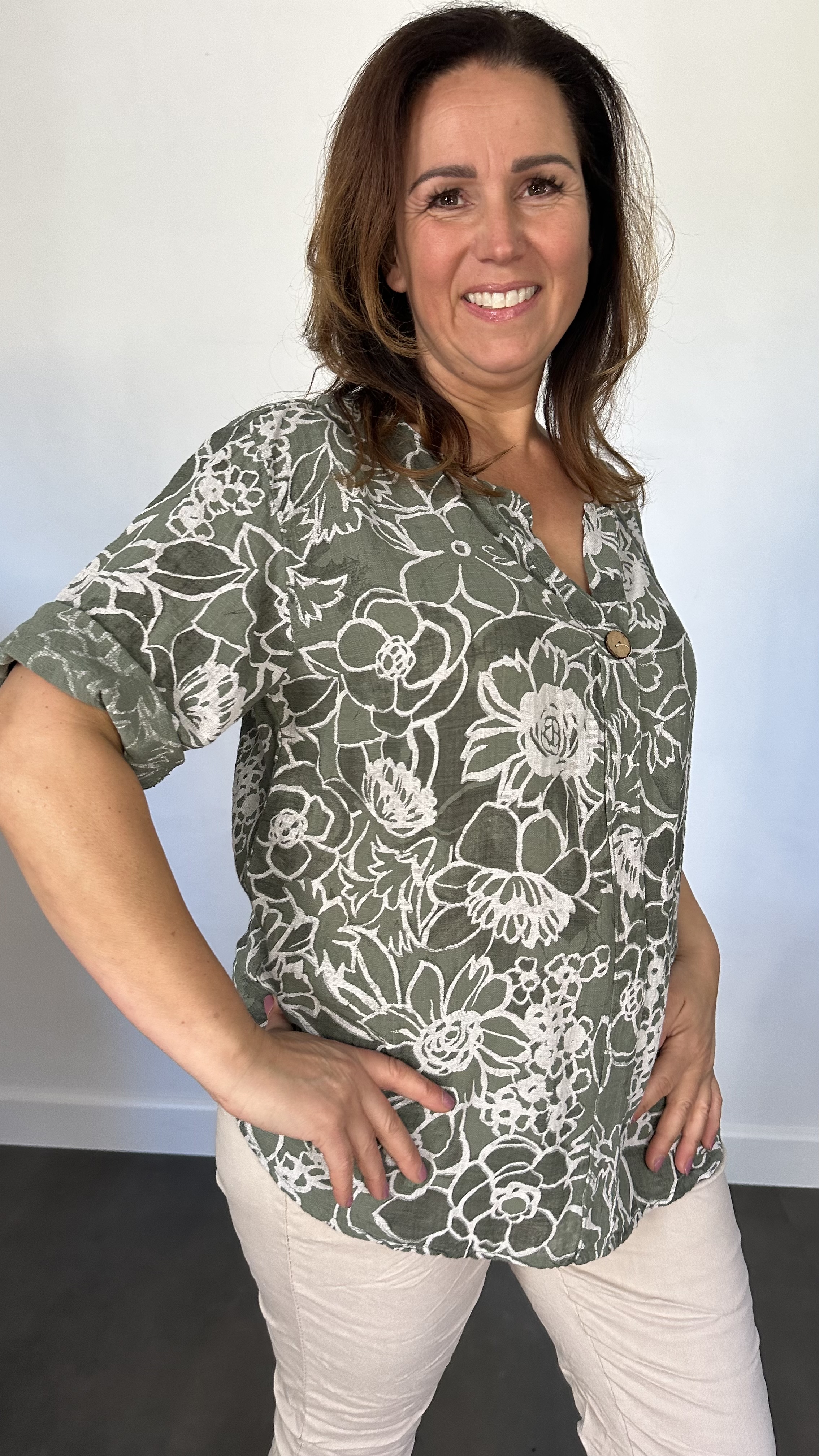 Linnenlook blouse new flower army