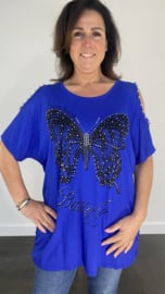 T-shirt vlinder met studs en open schouder kobalt