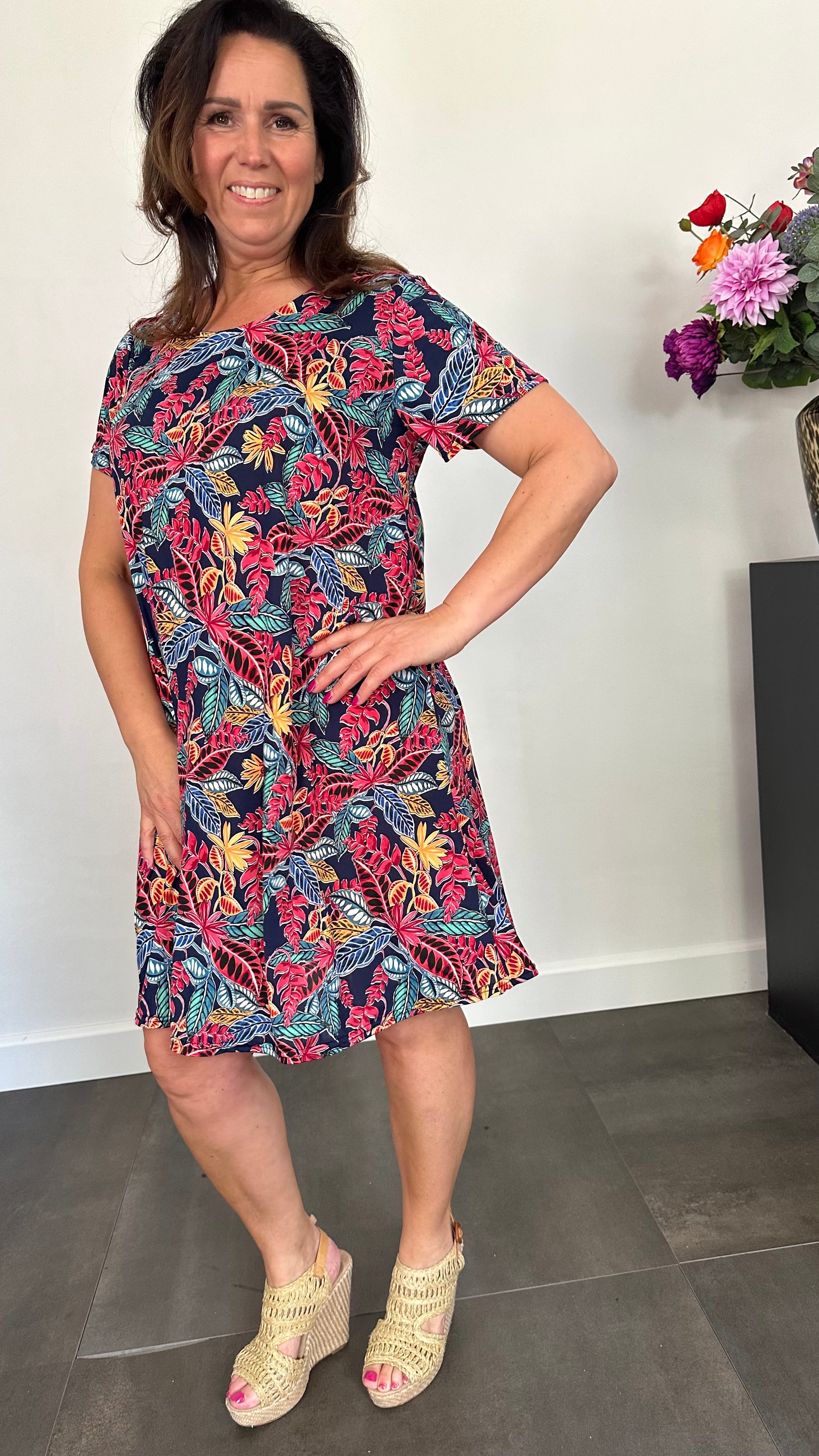Jurk Dorena leaves marine/rood