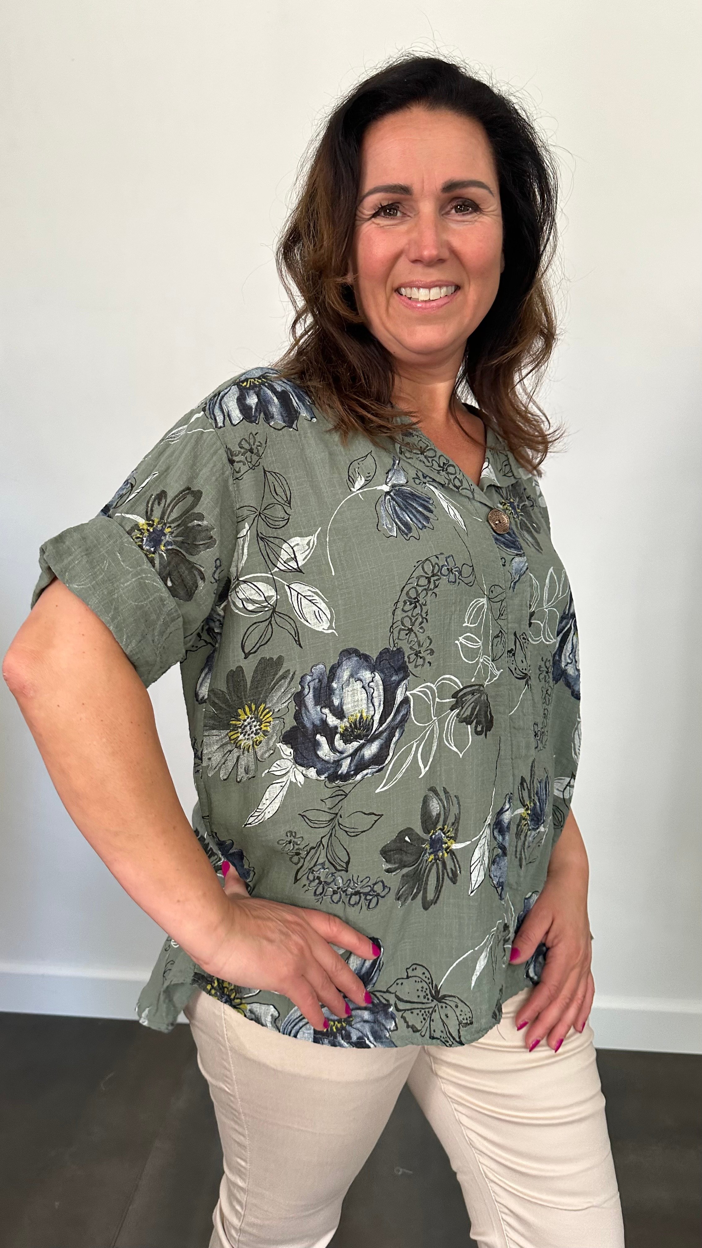 Linnenlook blouse gebloemd army