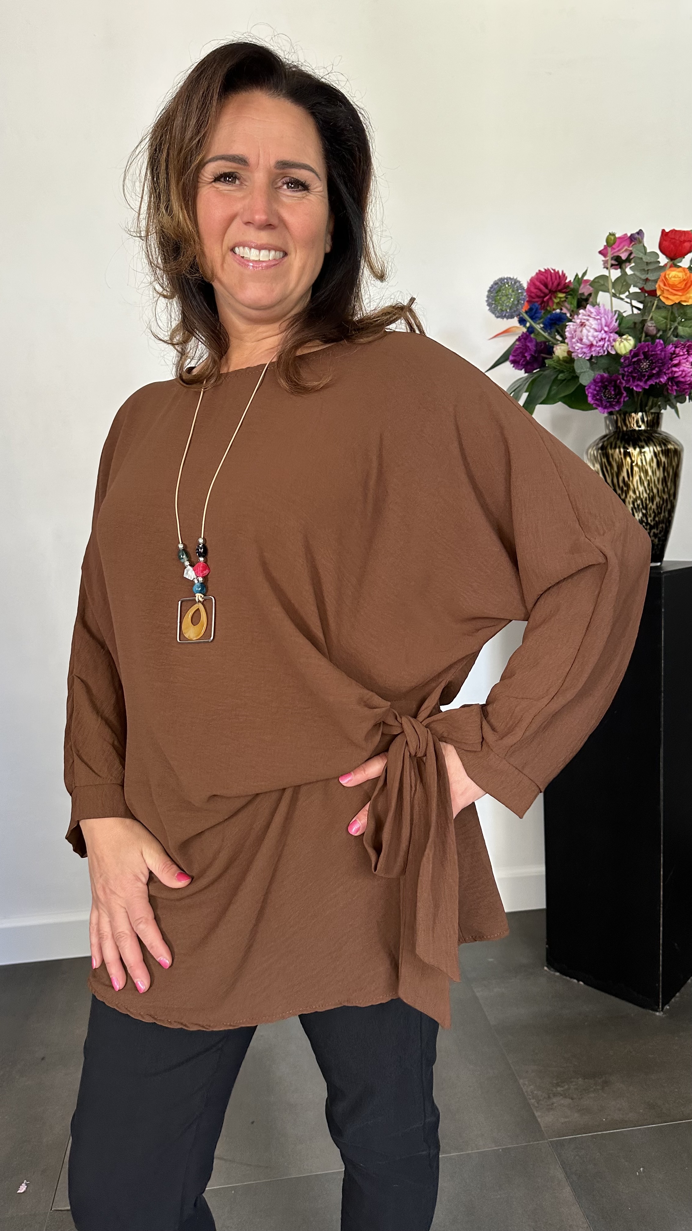 Shirt met strik Reza bruin