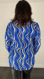 Velvet shirt met v-hals en pofmouw waves kobalt
