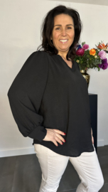 Crepe blouse met v-hals en pofmouw Zwart