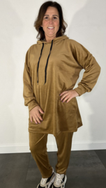 2-Delig velvet comfy pak met capuchon cognac +SIZE SALE