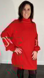 Lange grof gebreide coltrui LOVE rood