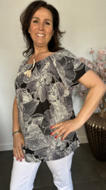 Shirt met koord travel Graphic flowers zwart/wit