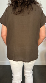Linnenlook shirt met gehaakt kant Choco
