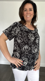 Ballon shirt met elastiek roos zwart/wit (+size)