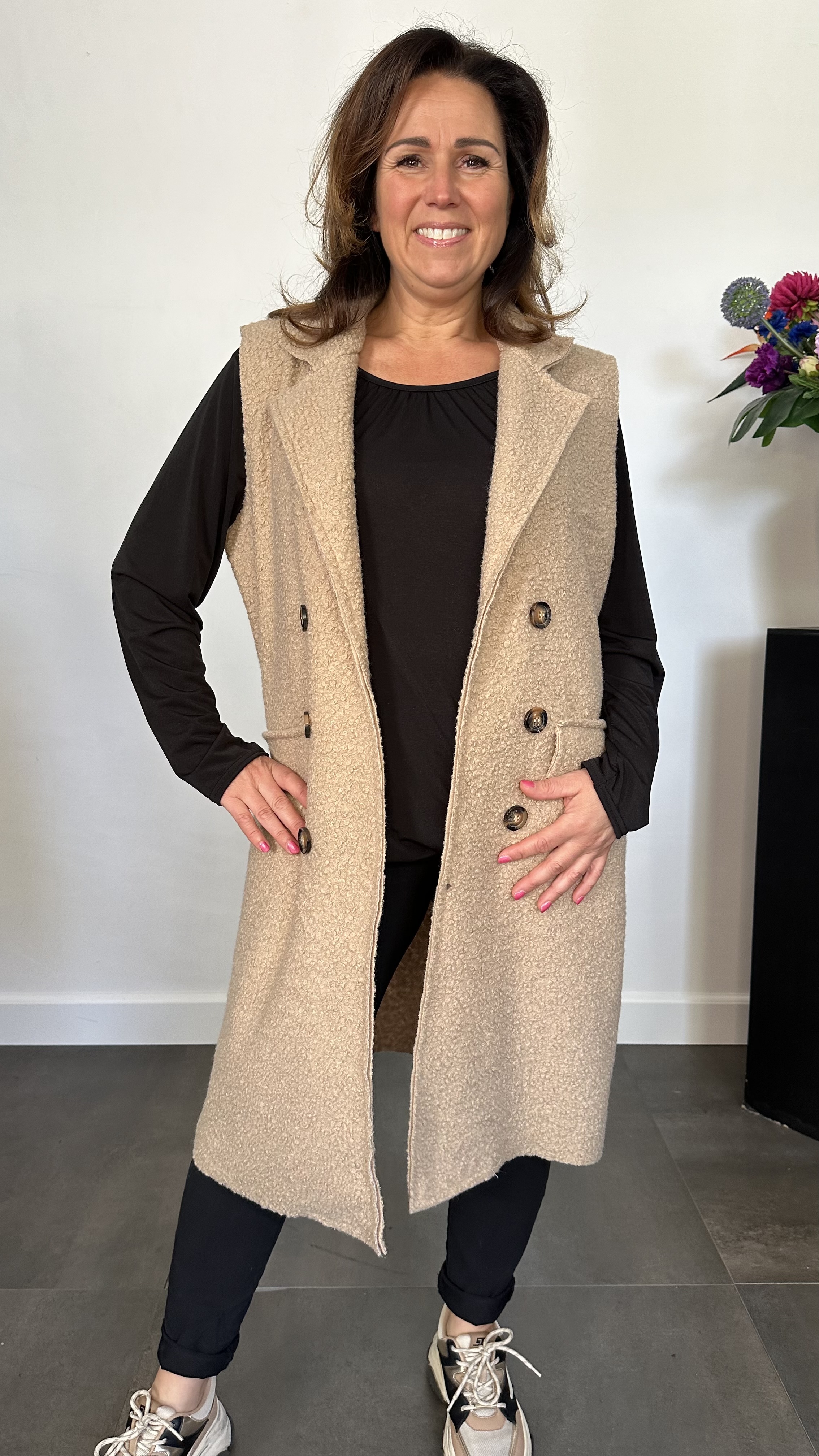 Lange teddy bodywarmer camel