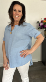 Linnenlook blouse met knoop ijsblauw