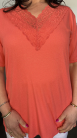 Ribbel shirt met kanten V-hals Koraal