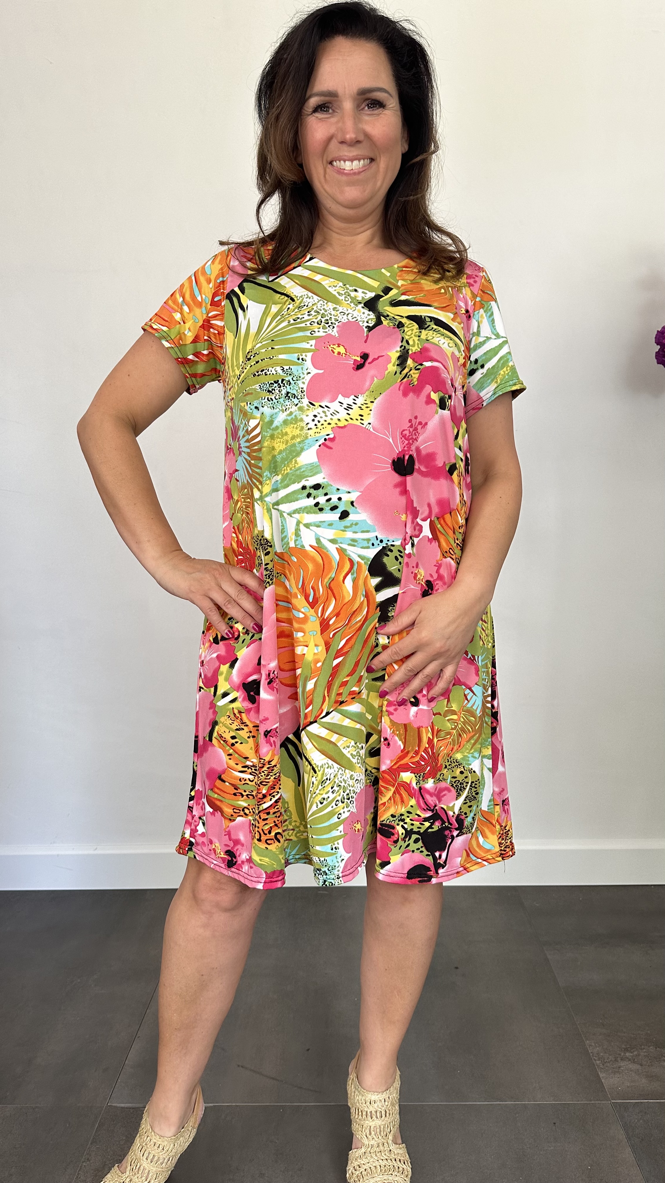 Jurk Dorena palm leaves oranje /pink/groen