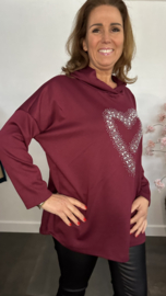 Sweater met capuchon/ glitter hart Bordeaux