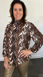 Shirt met gesmokte kraag zig zag soft bruin