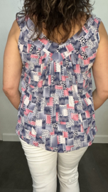 Ballon top met V-hals Patchwork blauw/roze