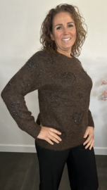Gebreide trui met glitter hartjes Bruin
