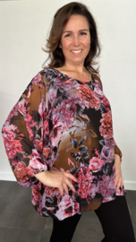 Ballon blouse roos bruin /fuchsia +SIZE extra