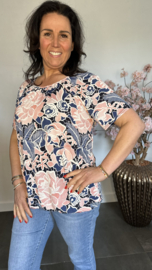 Ballon shirt met elastiek Denim Flower roze