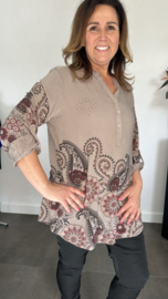 Blouse paisley met knoopjes taupe/wijnrood
