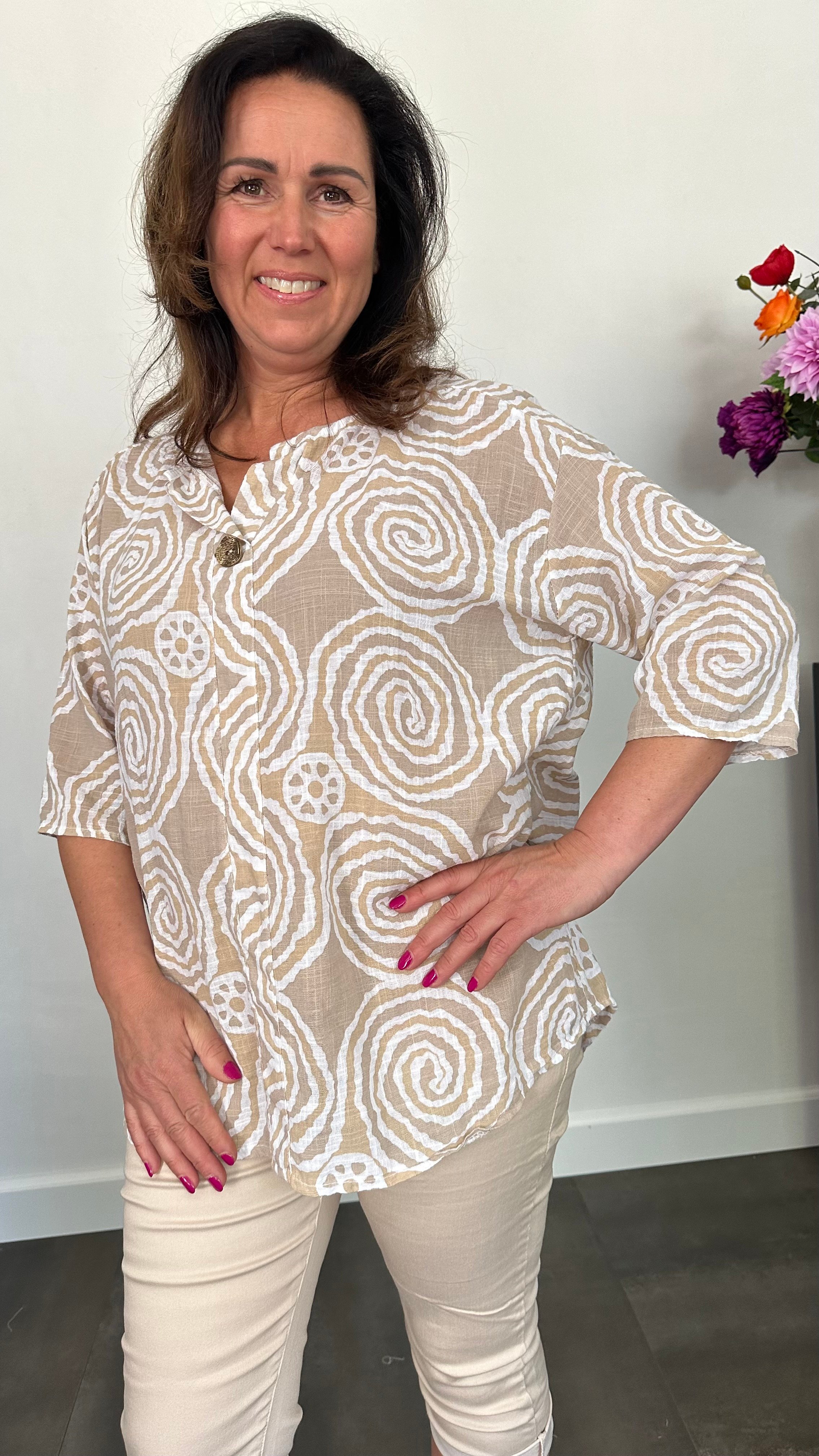Linnenlook blouse cirkels zand