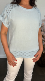 Linnenlook shirt met gehaakt kant IJsblauw