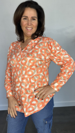 Soft shirt met v-hals en pofmouw cirkels koraal