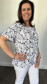 Ballon shirt met elastiek fantasy roos wit/blauw (+size)