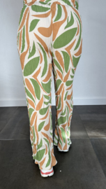 Plisse broek met wijde pijp fantasy flower groen SALE