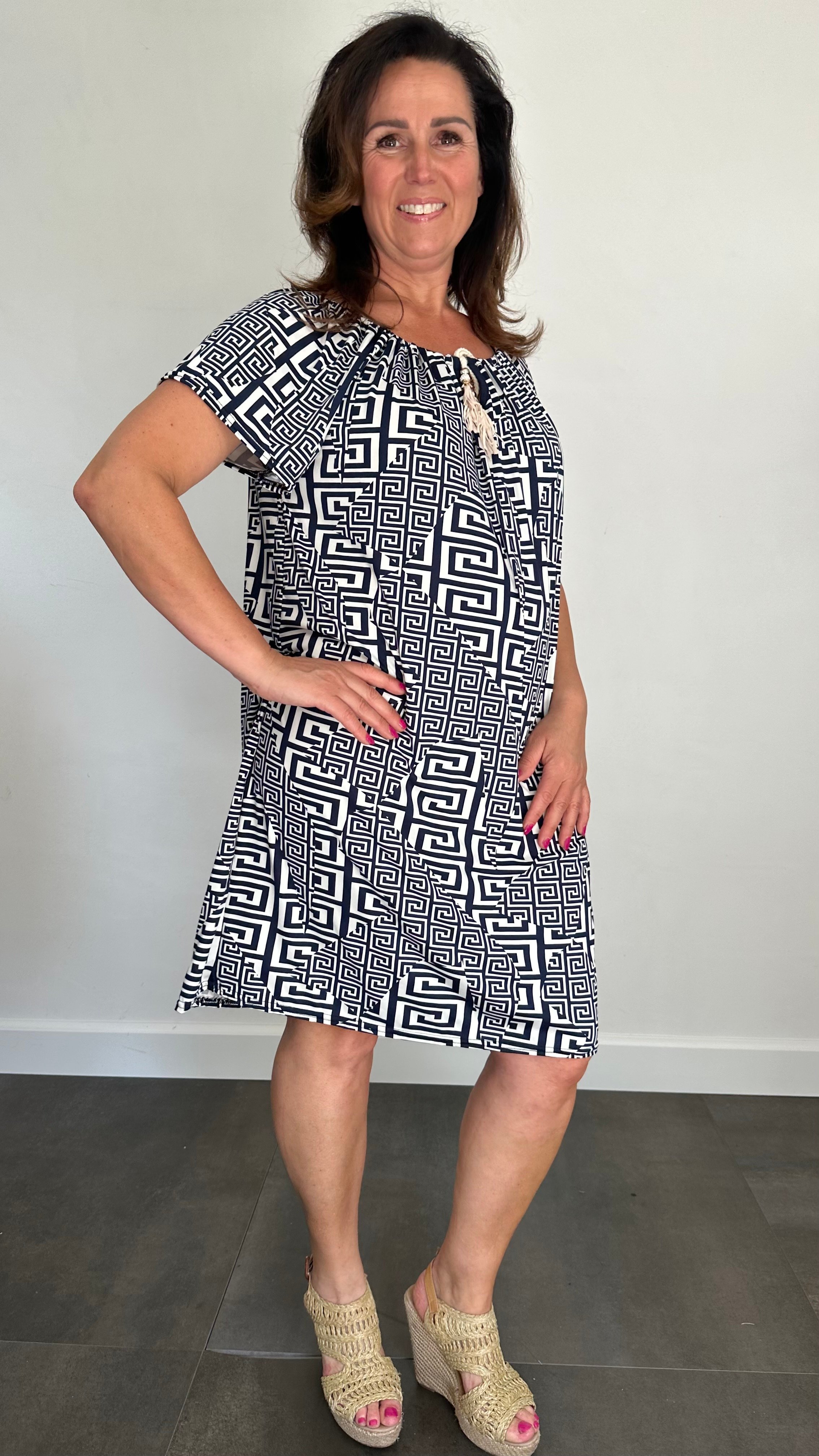 Jurk met koordje rome marine/ecru