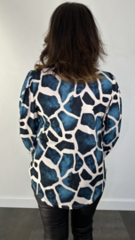 Velvet shirt met v-hals en pofmouw giraffe petrol